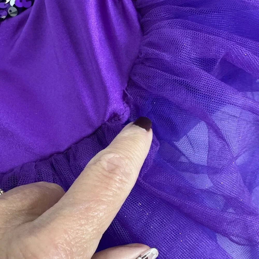 Weissman Dance Costume IC Sequins Jewel Curly Hem Tricot Skirt Bow Purple